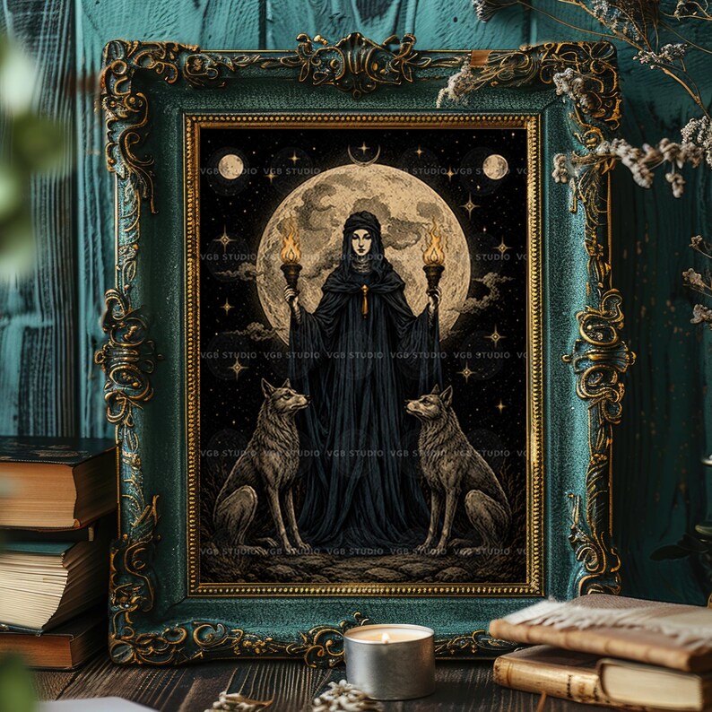May include: A framed wall art print featuring a central figure in a dark hooded cloak holding two lit torches, flanked by two wolves. The background displays a large full moon, stars, and clouds. The frame is ornate, textured, and dark teal.