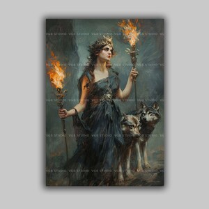 Hecate Wall Art Print, Hekate Greek Goddess, Twin Torches, Two Hounds, Witchcraft Decor, Pagan Altar, Dark Mythology, Ancient Magic k37T