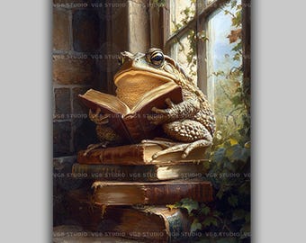 Fantasy Toad Reading Book Art Print Whimsical Frog in Library Storybook Animal Portrait Rustic Cottagecore Wall Decor Illustration AE96