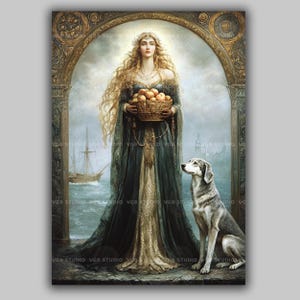 Nehalennia Art Print Dutch Goddess Sea Apples Dog Mythology Pagan Decor Celtic Wall Art Ancient Shrine Germanic Legends Ocean Deity AD57