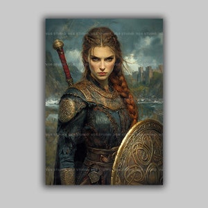 Scathach Celtic Battle Goddess Art Print, Fierce Female Protector Wall Art, Dark Feminine Strength Decor, Mythical Irish Heroine Artwork u80