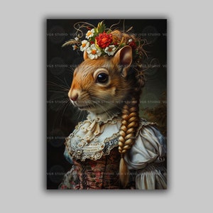 Victorian Squirrel Art Print Whimsical Animal Portrait Floral Crown Cottagecore Decor Vintage Style Wall Art Fairytale Squirrel Painting p99