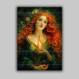 Brigid Goddess Art Print with Red Hair and Flame Celtic Mythology Wall Art of Fire and Spring with Irish Pagan Divine Feminine Energy S02