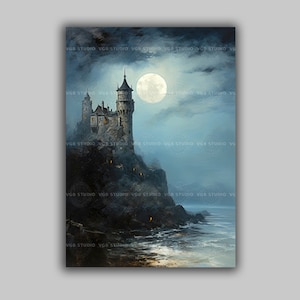 オークの樹の下　Castle Calypse Collection Dracula Castle Wall Art Gothic Moonlight Print Haunted Cliff