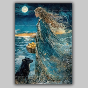 Nehalennia Art Print | Celtic Sea Goddess Wolf Moon Ocean Apples | Dutch Mythology Fantasy Wall Decor Blue Gold Harvest Nautical Pagan  ae87
