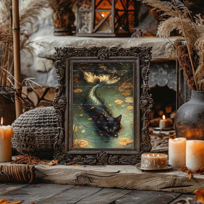 Mermaid Cat Fantasy Print Mystical Black Cat with Fish Tail in Enchanted Pond Dragonflies Autumn Leaves Cozy Cottagecore Animal Art AC63 image 4