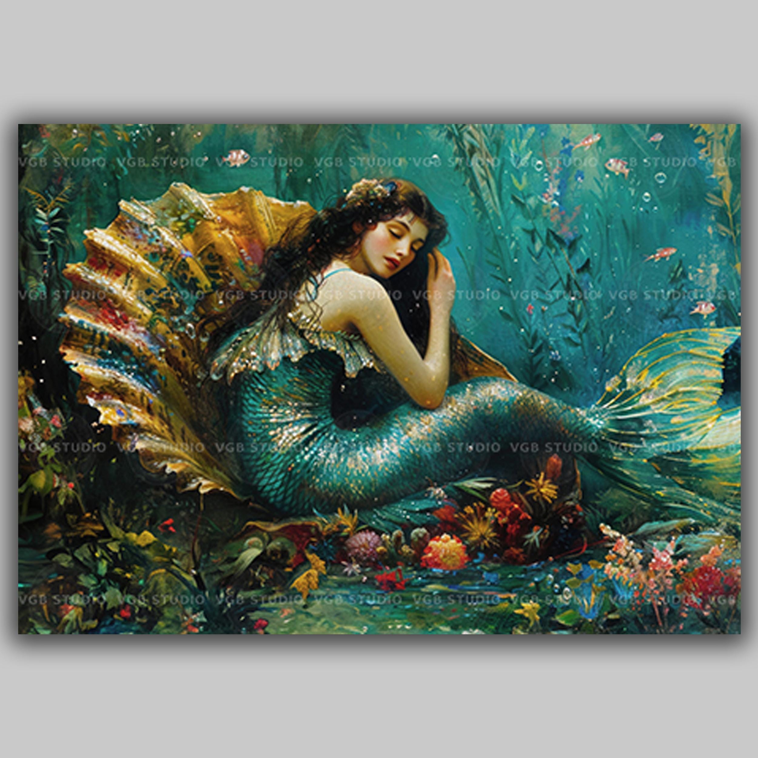 絵画　人魚　海 人魚ファンタジーアートプリント 貝殻の中の眠れる海のセイレーン 水中