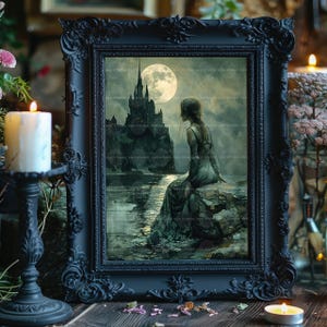 Full Moon Castle Wall Art Print, Dark Academia Poster, Victorian Goth, Moody Home Decor, Fantasy Gifts, Spooky Aesthetic, Medieval Lady M58 image 2