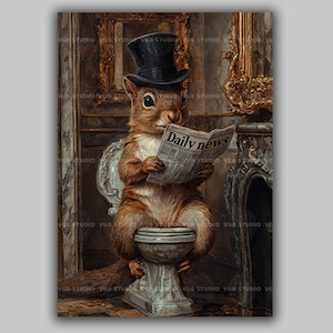Whimsical Squirrel Bathroom Art Print Funny Animal Wall Decor Quirky Squirrel Toilet Humor Powder Room Gift Woodland Creature Top Hat AD95