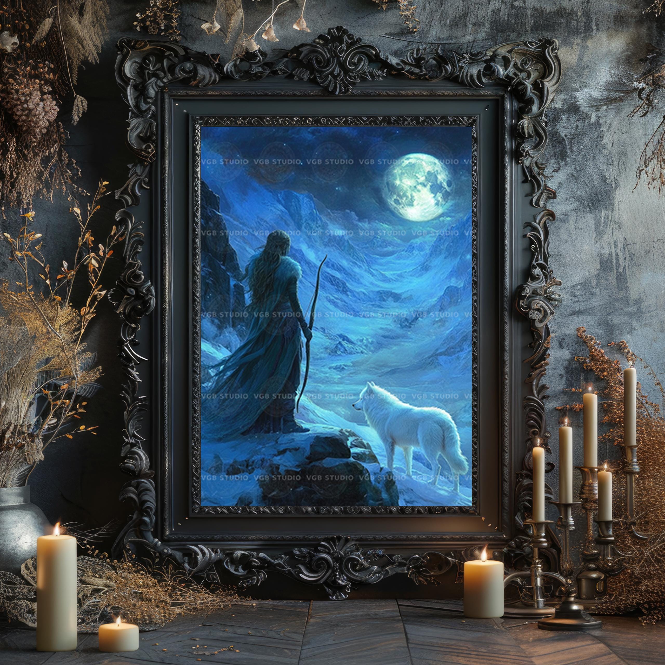 Skadi Goddess Art Print | Norse Winter Warrior With White Wolf Moon ...