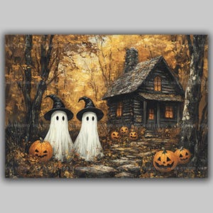 Peut inclure: Peinture d'Halloween avec deux fantômes portant des chapeaux de sorcière devant un chalet en bois. Des citrouilles sculptées et des feuilles d'automne créent une scène de forêt effrayante. Couleurs chaudes.