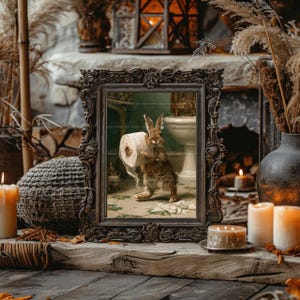May include: A rectangular, ornate, dark-toned picture frame containing an illustration of a brown rabbit standing on a tiled floor while holding a roll of white toilet paper in a bathroom setting with a white pedestal sink in the background.