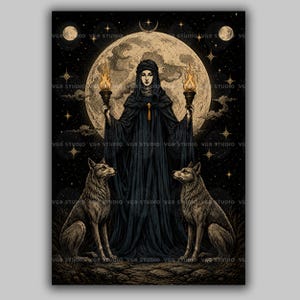 Hecate Black Cloak Wall Art Print Hekate Moon Goddess With Wolves Twin Torch Witchcraft Poster, Pagan Altar Decor Dark Occult Celestial  H24