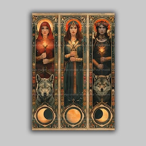 Hecate Selene Artemis Triad Moon Night Goddess Print, Hekate Holding Torches With Wolves, Artwork Pagan Esoteric Art, Celestial Artwork q26