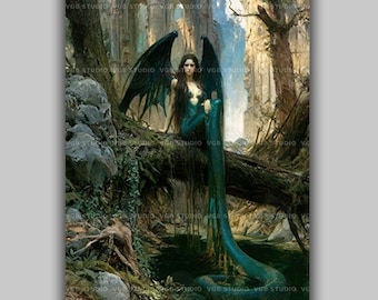 Melusine Wall Art Print, Serpent Decor, Water Fairy, Dark Fantasy, Enchanted Forest, Gothic Folklore, Mermaidcore, Old Master Painting AP09