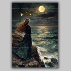 Cliodhna Magical Birds Trio Under the Moon Art Print, Mystical Celtic Goddess Wall Art, Ocean Fantasy Scene Irish Mythology Decor w43