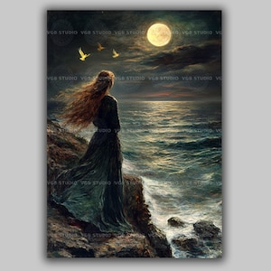 May include: An artistic painting depicts a woman standing on a cliff overlooking the ocean at night. The full moon shines brightly above the water, with three birds flying in the sky. The woman has long, flowing red hair and wears a dark dress.