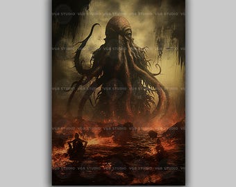 Cthulhu Art Print Cosmic Horror Sea Monster Dark Fantasy Wall Decor Lovecraftian Mythology Tentacle Creature Ocean Eldritch Horror f64