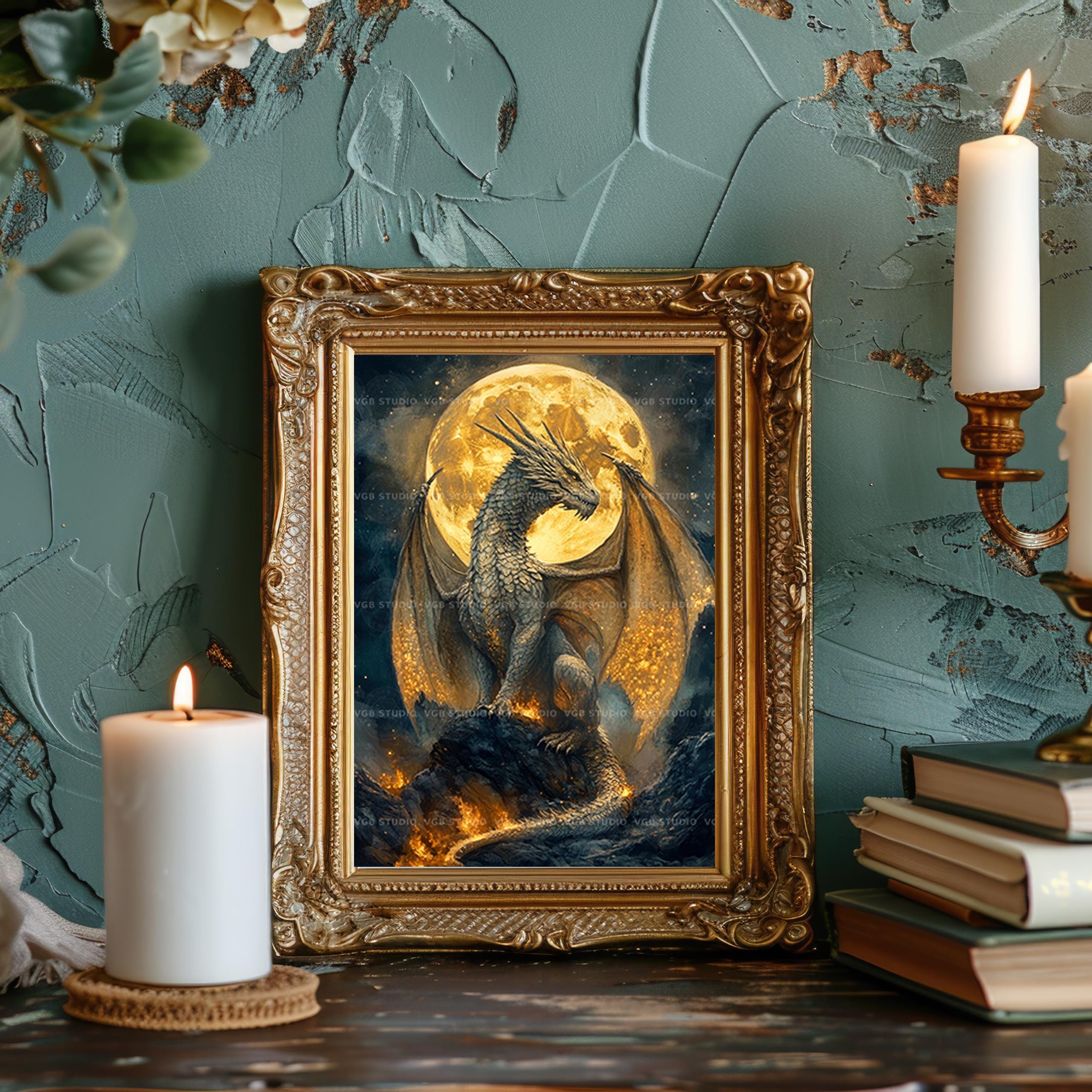 Silver Dragon Under Full Moon Art Print Mystical Fantasy Creature ...