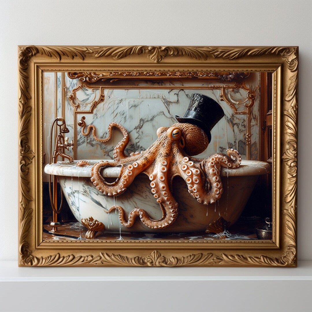 Victorian Octopus Gentleman Bathroom Art Print, Whimsical Vintage ...