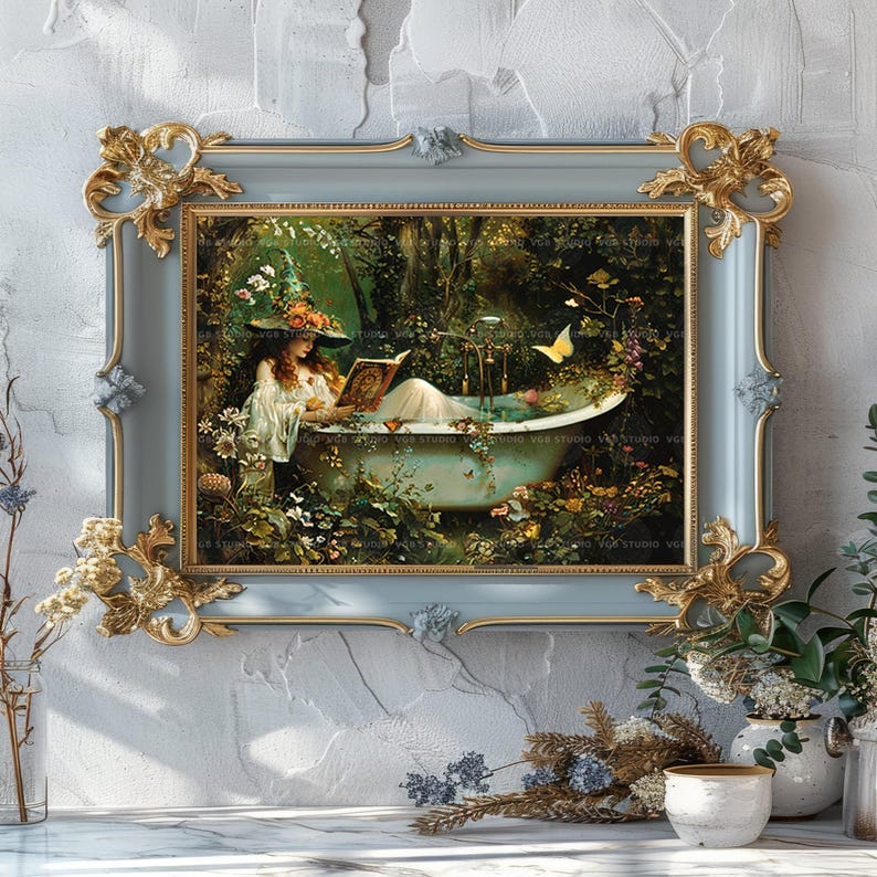 Witch Bathtub Reading Enchanted Forest Print, Fantasy Whimsical Witchy ...