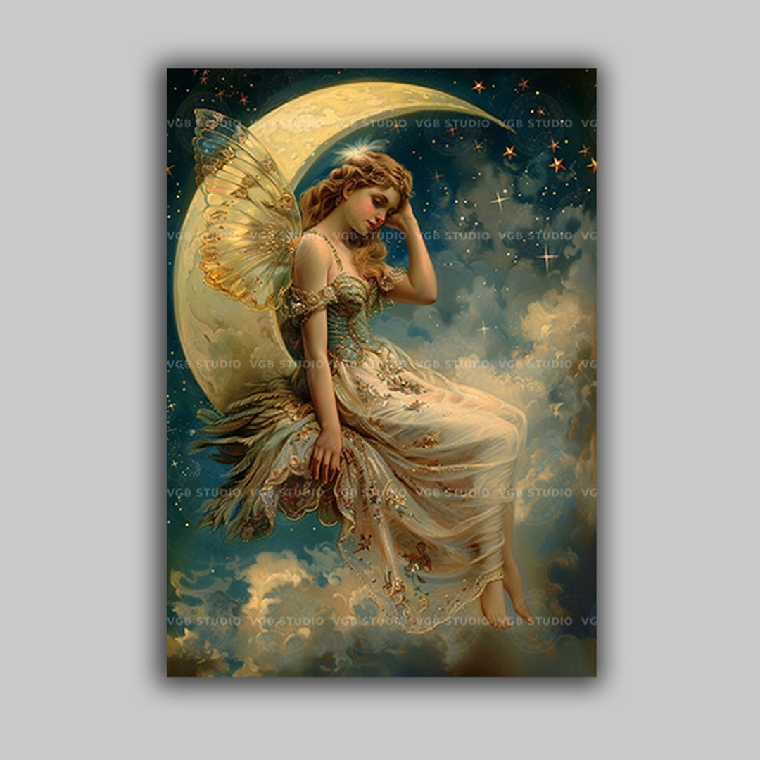 Moon Fairy Art Print Celestial Fantasy Woman Sitting on Crescent With ...