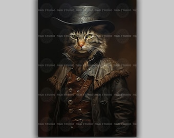 Cowboy Cat Print Wild West Portrait Funny Feline Art Tabby Sheriff Poster Rustic Hat Outfit Humorous Animal Decor Vintage Country Style D35