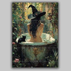 Enchanted Witch's Bath with Black Cat Art Print, Mystical Garden Setting, Whimsical Witchcraft Decor, Fantasy Witch in Vintage Bathtub w19