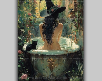 Illustration « Bain de sorcière enchanté avec chat noir », jardin mystique, décoration féerique sur le thème de la sorcellerie, sorcière fantastique dans une baignoire vintage w19