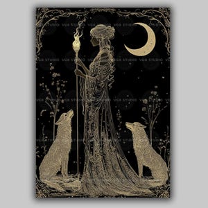 Hecate Witchcraft Night Greek Goddess Art Nouveau Crossroads Magic Hekate Full Moon Holding Torches and Dogs, Witchy Pagan Esoteric Art aa04