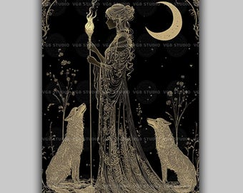 Hecate Witchcraft Night Greek Goddess Art Nouveau Crossroads Magic Hekate Full Moon Holding Torches and Dogs, Witchy Pagan Esoteric Art aa04