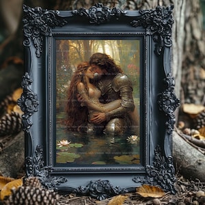 Muurdecoratie met ridder en jonkvrouw, fantasyromantiek, Arthurlegende, middeleeuwse kunst, decoratie met waterlelies, Dark Academia, sprookjesachtige cadeaus ad70T afbeelding 4