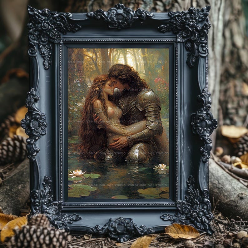 Muurdecoratie met ridder en jonkvrouw, fantasyromantiek, Arthurlegende, middeleeuwse kunst, decoratie met waterlelies, Dark Academia, sprookjesachtige cadeaus ad70T afbeelding 4