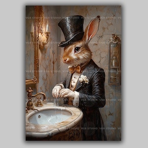 Rabbit in Top Hat Art Print, Whimsical Victorian Decor, Elegant Bathroom Bunny Hare Illustration, Surreal Victorian Toilet Artwork y53