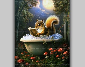 Quadro decorativo de esquilo na banheira, lendo sob a luz da lua cheia, floresta de cogumelos vermelhos, decoração de parede para banheiro no estilo cottagecore, presente para amantes de livros AF28