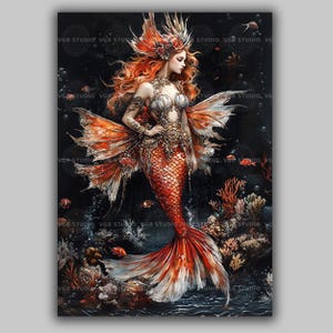 Mermaid Art Print, Betta Fish Siren in Gold Armour on a Dark Coral Reef, Red Orange Fantasy Ocean Wall Decor, Mermaidcore Gift aa65