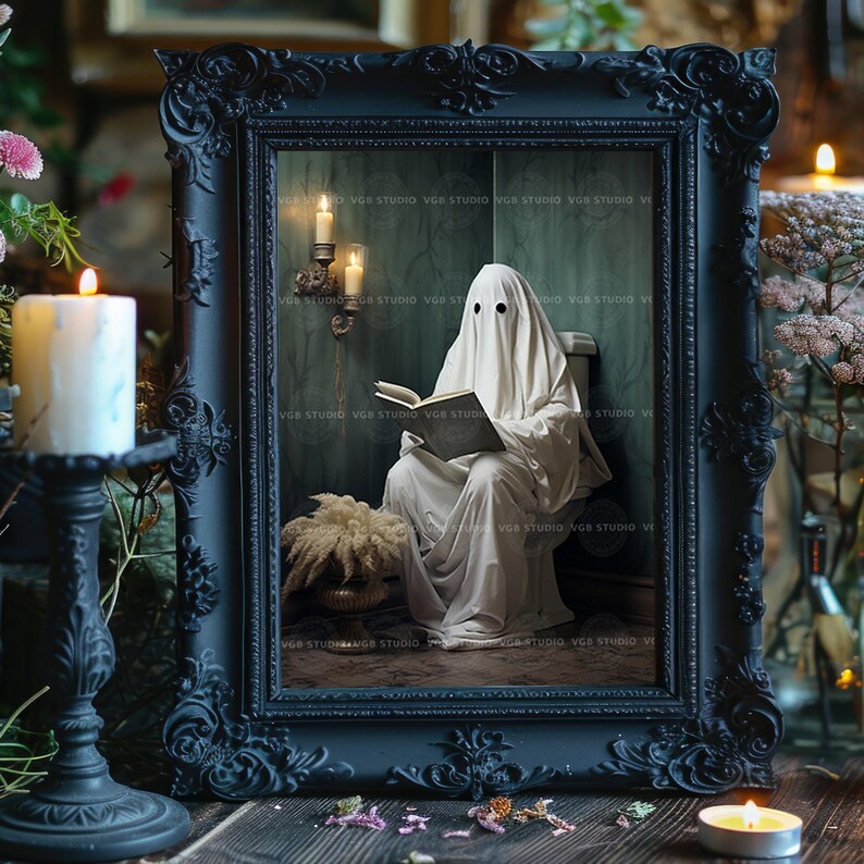 Funny Ghost Bathroom Wall Art Print, Spooky Toilet Reading Poster, Gothic Room Decor, Haunted Book Lover Artwork, Quirky Halloween Print H27 image 4