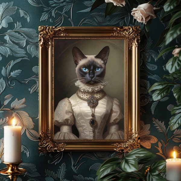 Siamese Cat Gothic Victorian Portrait, Classy Cat Goth Vintage Poster, Art Poster Print, Dark Academia, Wicca Whimsical Animals, g15