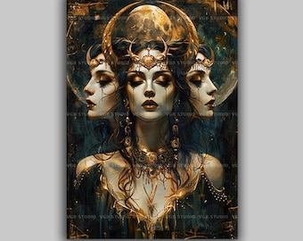 Hekate Triple Moon Goddess Print, Fine Art Witchcraft, Wicca Pagan Luna Baroque Painting, Hecate Witchy Artwork, Ancient Esoteric Art R04