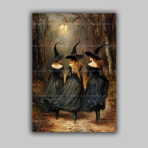 Enchanted Witch Art Print Magical Forest Witches Under Full Moon Gothic Halloween Decor Dark Cottagecore Wall Art Witchcore Illustration u28