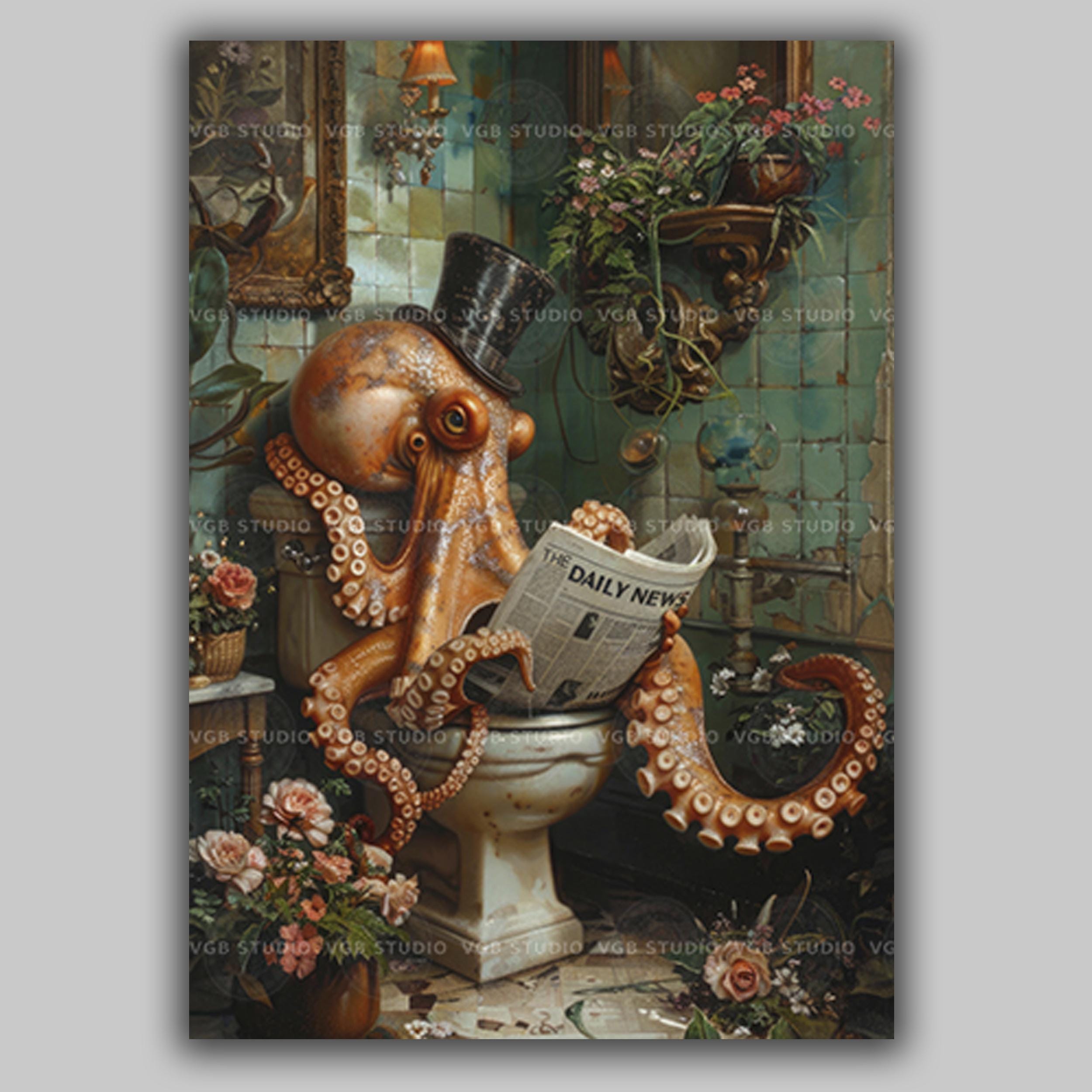 Octopus Art Print Reading Newspaper Toilet Bathroom Decor Funny