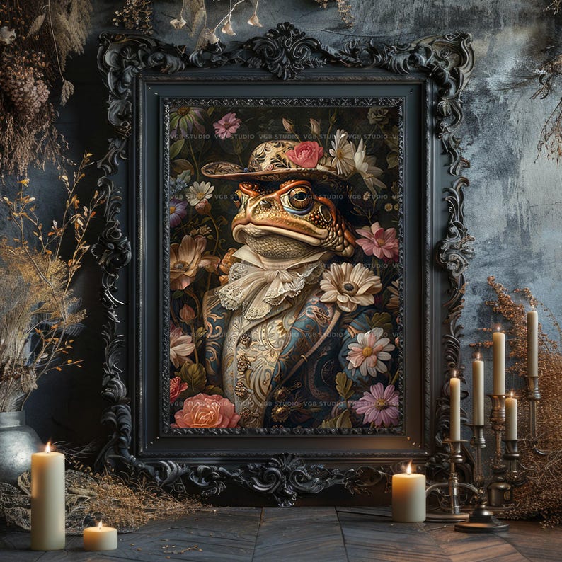 Frog Gentleman Wall Art Print, Victorian Toad In Top Hat, Floral Whimsical Animal Portrait, Dapper Cottagecore Decor, Dark Academia Gift P62 image 7