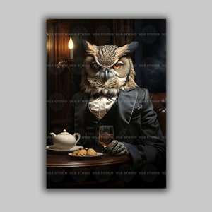 Owl Gentleman Art Print Anthropomorphic Animal Tea Scene Owl in Suit Wall Decor Whimsical Steampunk Portrait Vintage Tea Lounge Poster H08