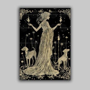 Hecate Witchcraft Night Greek Goddess Art Nouveau Crossroads Magic Hekate Full Moon Holding Torches With Dogs, Witchy Pagan Esoteric Art q61