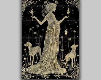Hecate Witchcraft Night Greek Goddess Art Nouveau Crossroads Magic Hekate Full Moon Holding Torches With Dogs, Witchy Pagan Esoteric Art q61