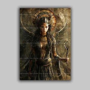 Isis Art Print ägyptische Göttin der Magie Mutterschaft göttlich Weiblich mit Flügeln und Sonnenscheibe Mythologisch Priesterin Dekor Gold & Schwarz m86