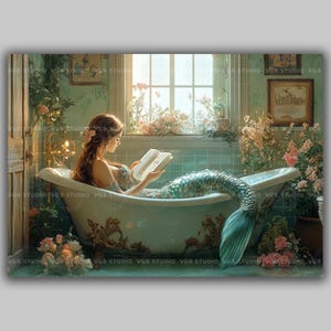 Mermaid Art Print Siren Reading in Bathtub Floral Bathroom Wall Decor Whimsical Water Nymph Lover Gift Cottagecore Bookish Art Print y82