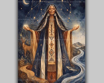 Spider Grandmother Cosmic Weaver Art Print Hopi Spider Woman Creator Deity Native American Wall Decor, Celestial Starlit Goddess AL32