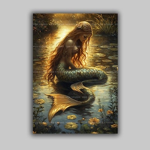 Golden Mermaid Wall Art Fantasy Water Print Magical Feminine Decor Mythical Creature Artwork Enchanted Pond Scene Romantic Illustration s63