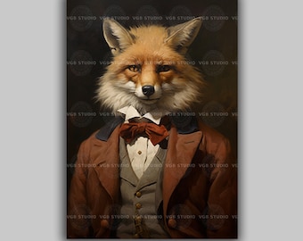 Viktorianischer Fuchs Kunstdruck Rotfuchs im Anzug mit Fliege schrulliger Gentleman Tier Portrait Vintage Stil Wunderlicher Fuchs gekleidet Wanddekor J38